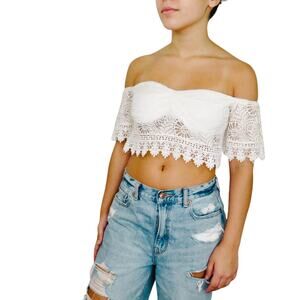 Cider White Lace Off Shoulder Crochet Tassel Crop Top Small